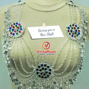 Multilayers Silver Bib Necklace With Dangling Tassels and Three Big Motifs